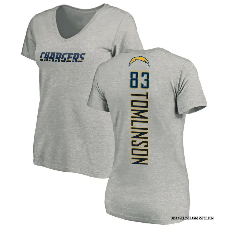 Women's Los Angeles Chargers ＃83 Eric Tomlinson Gray Name & Number Slim Fit V-Neck T-Shirt Heather